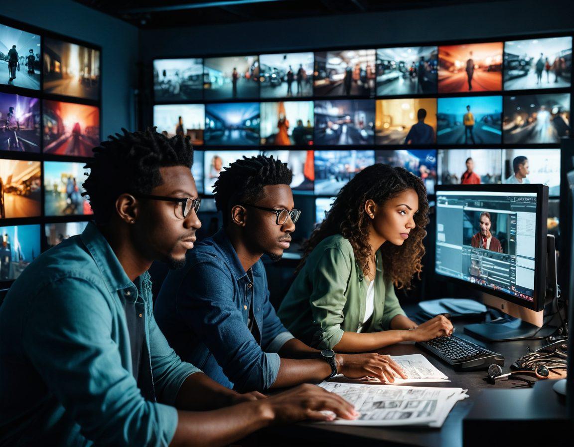 A cinematic scene featuring a diverse group of filmmakers in a bustling studio, surrounded by cameras, lights, and storyboards. Show a close-up of their focused expressions while reviewing shots on a large monitor, reflecting the vibrant colors of their visual storytelling. Include elements of props and creative chaos, symbolizing the art of filmmaking. super-realistic. vibrant colors. dynamic composition.