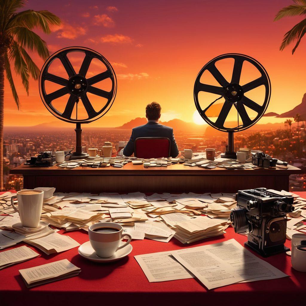 A split scene depicting a screenwriter at a cluttered desk overflowing with scripts and coffee cups on one side, transitioning into a lively film festival scene with red carpets, excited audiences, and film posters on the other side. The background features iconic film reel elements and a vibrant sunset, symbolizing the journey from creation to celebration. super-realistic. vibrant colors. cinematic style.