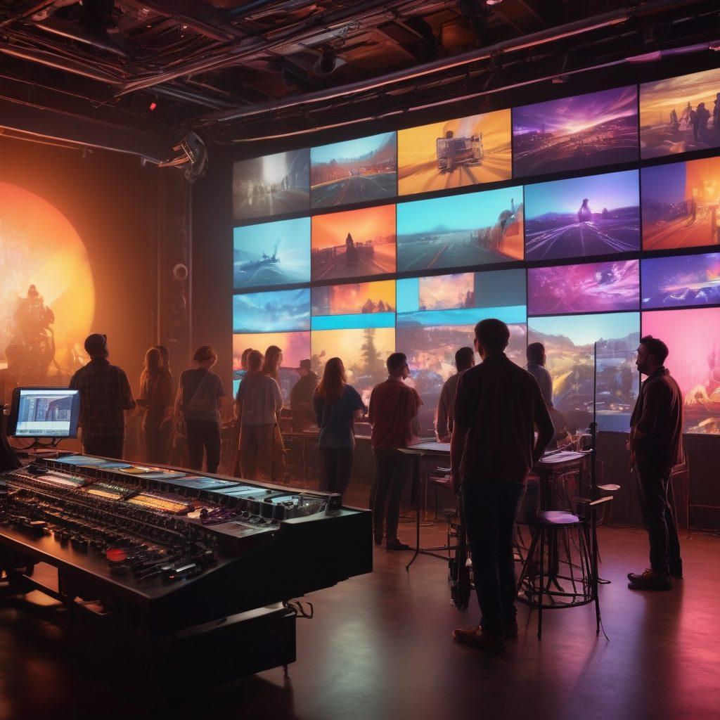 A cinematic scene showcasing a diverse group of filmmakers and a cinematographer passionately discussing techniques in a vibrant film studio filled with cameras and lights. In the background, a large screen displays dynamic film clips illustrating visual storytelling. The atmosphere is creative and energetic, with colorful lights and film reels scattered around. A warm color palette enhances the artistic vibe. super-realistic. vibrant colors. 3D.
